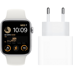 Apple Watch SE (2022) 4G 44mm Zilver Aluminium Witte Sportband + Oplader